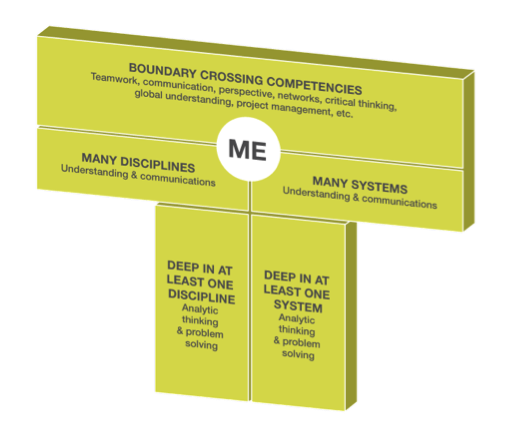 Boundary Crossing Competencies: Teamwork, communication, perspective, networks, critical thinking, global understanding, project management, etc. Many Disciplines: Understanding and communications. Many Systems: Understanding and communications. Deep in At Least One Discipline: Analytic thinking and problem solving. Deep in at least one system: Analytic thinking and problem solving. Me: Intersection of sections listed above.